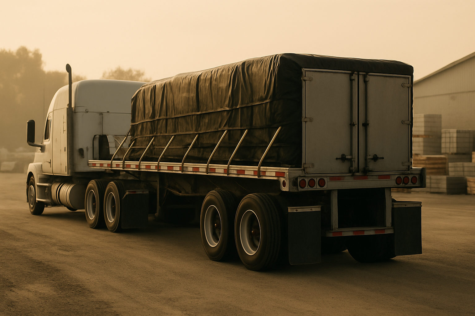 A flatbed trailer carrying strapped and tarped freight behind a conventional tractor at a construction supply lot