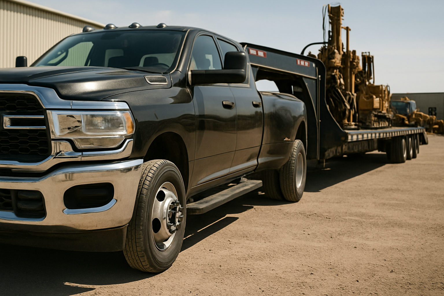 A one ton dually pickup truck hitched to a loaded gooseneck flatbed trailer at an equipment dealer lot