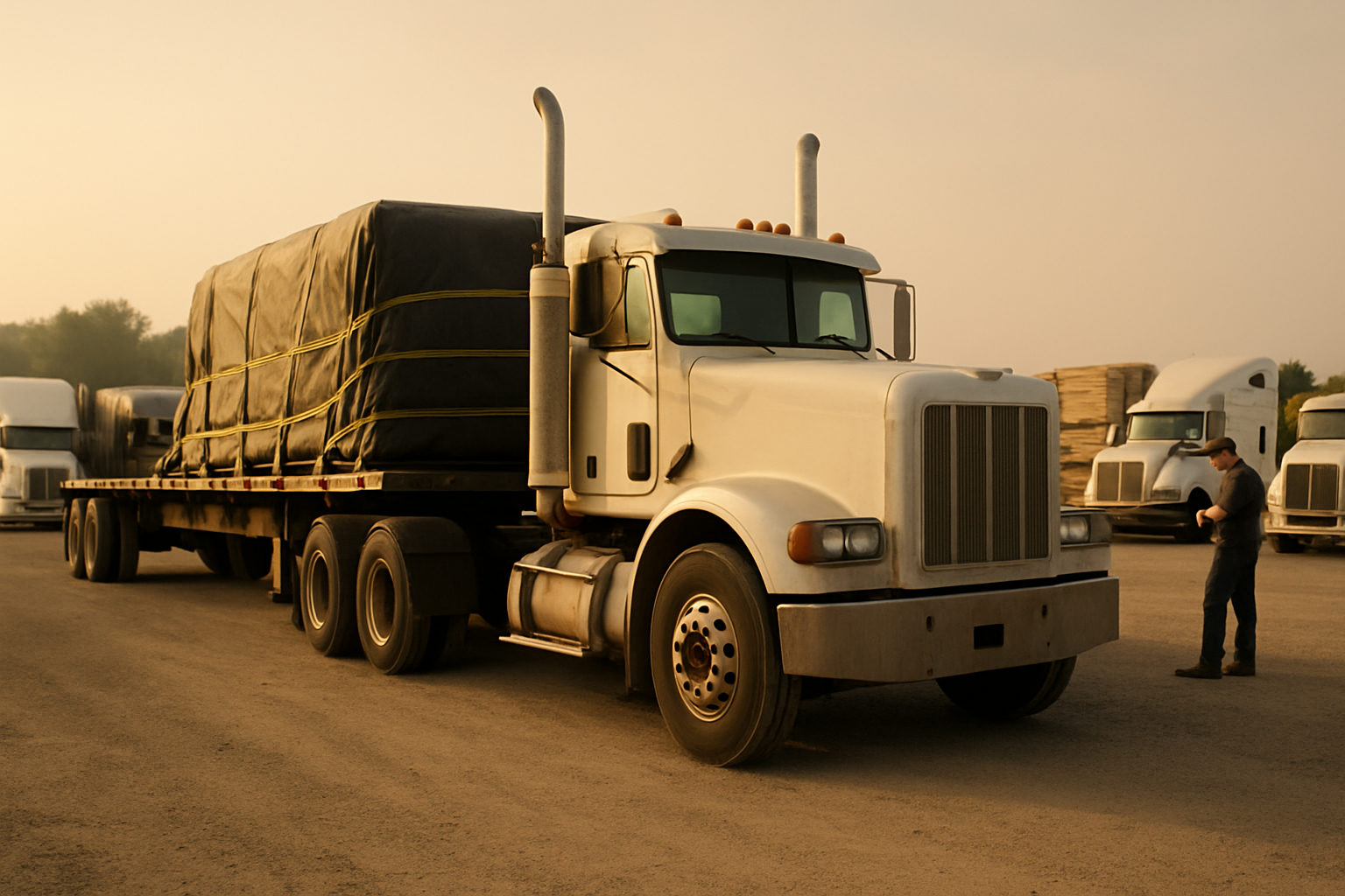 A flatbed trailer carrying strapped and tarped freight behind a conventional tractor at a lumber yard
