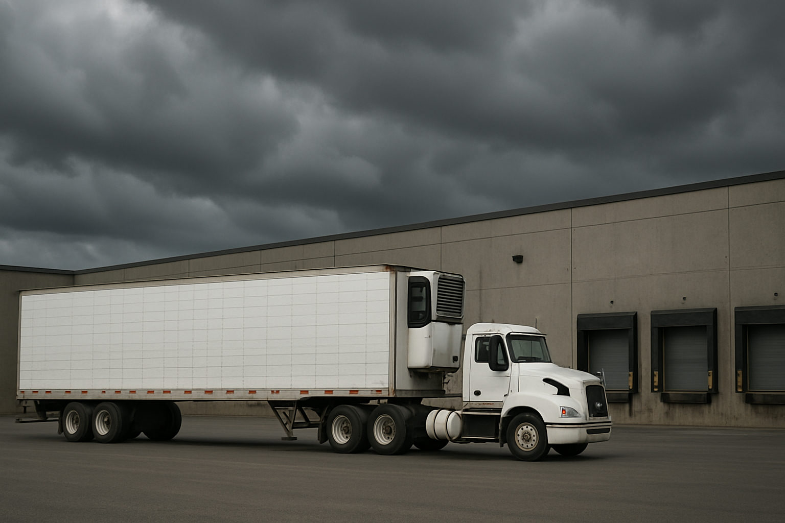 A refrigerated trailer with its reefer unit running, coupled to a day cab tractor at a cold storage loading dock