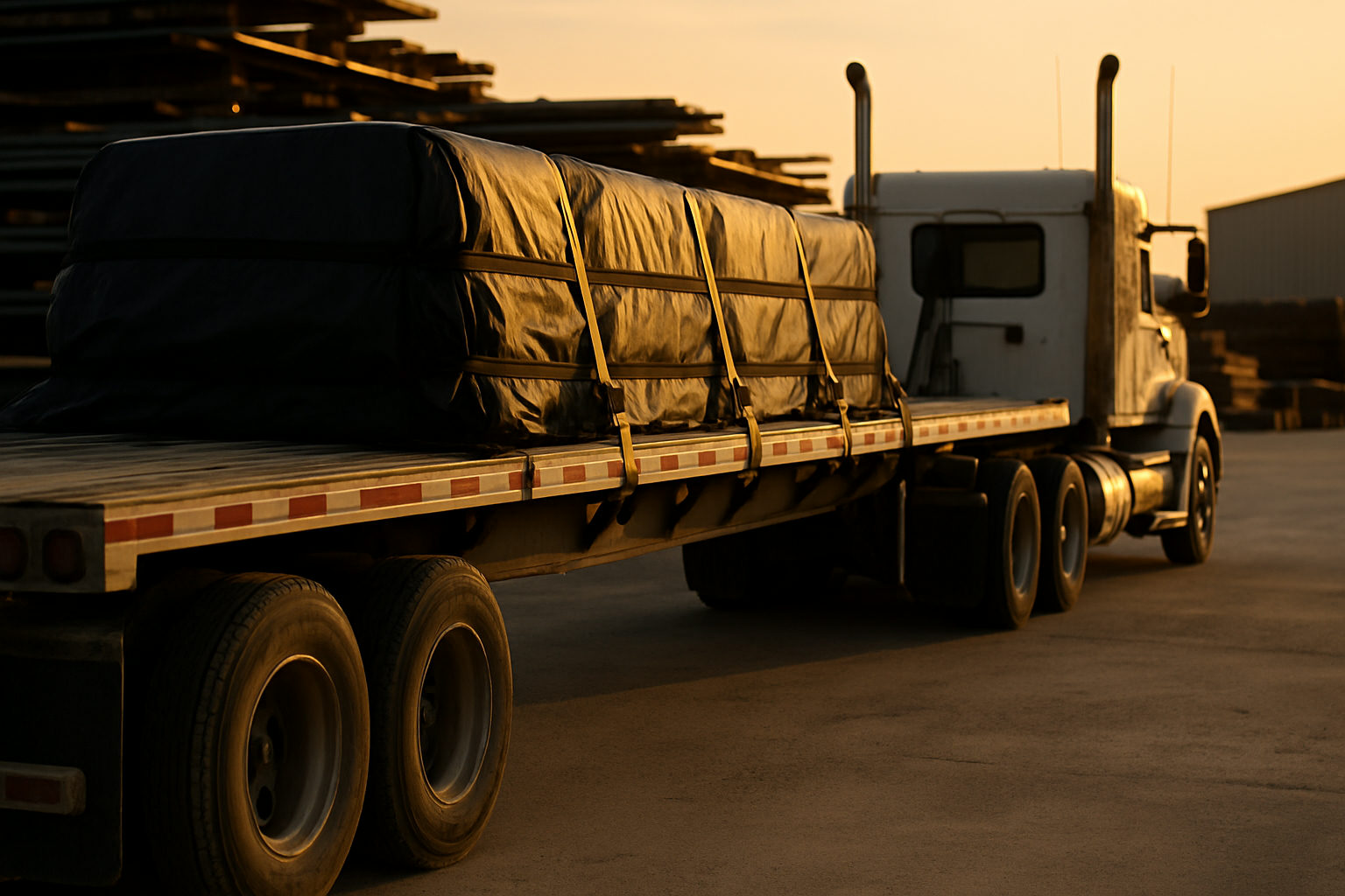A flatbed trailer carrying strapped and tarped freight behind a conventional tractor at a steel yard