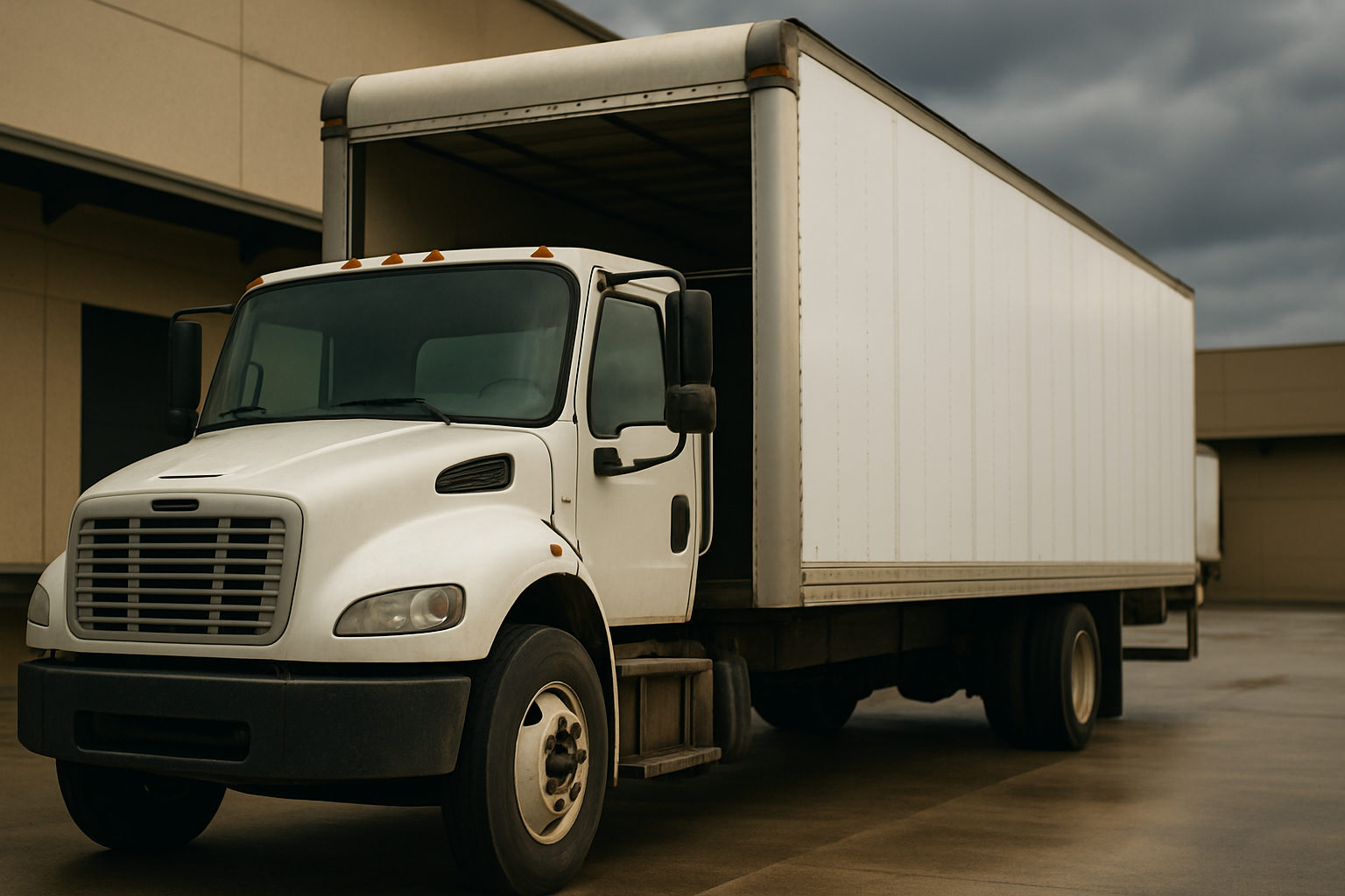 A straight box truck with its roll up rear door raised at a commercial loading bay