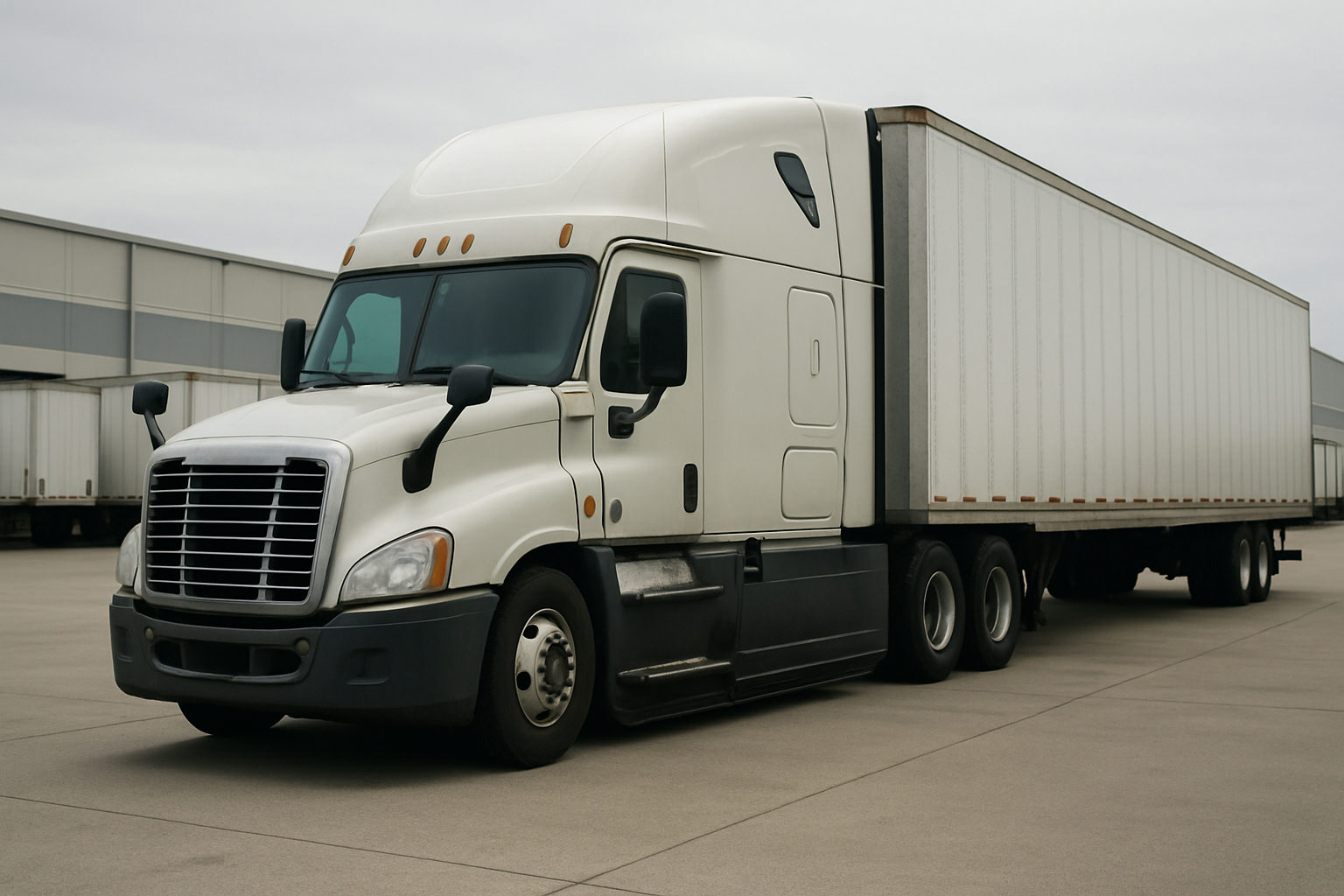 A conventional sleeper tractor coupled to a dry van trailer at a distribution center yard with trailers lined up in rows