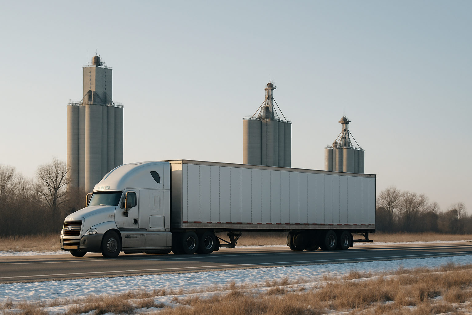 A conventional sleeper tractor coupled to a dry van trailer at a rural two lane highway with grain elevators behind