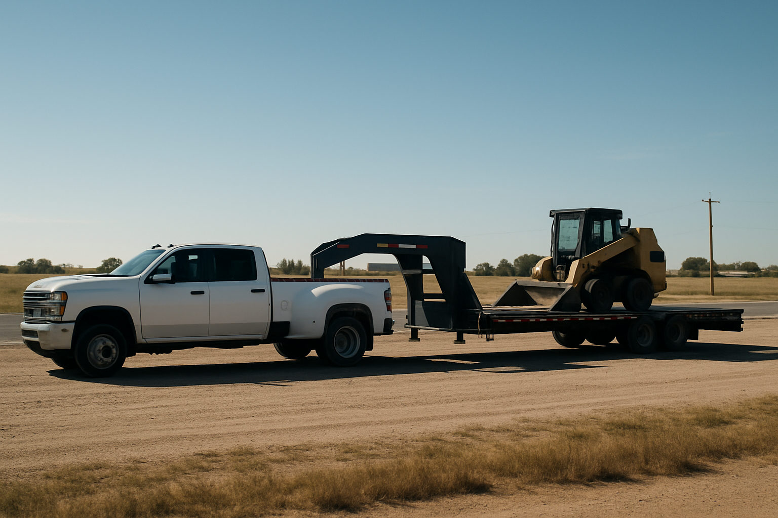 A one ton dually pickup truck hitched to a loaded gooseneck flatbed trailer at a rural highway shoulder