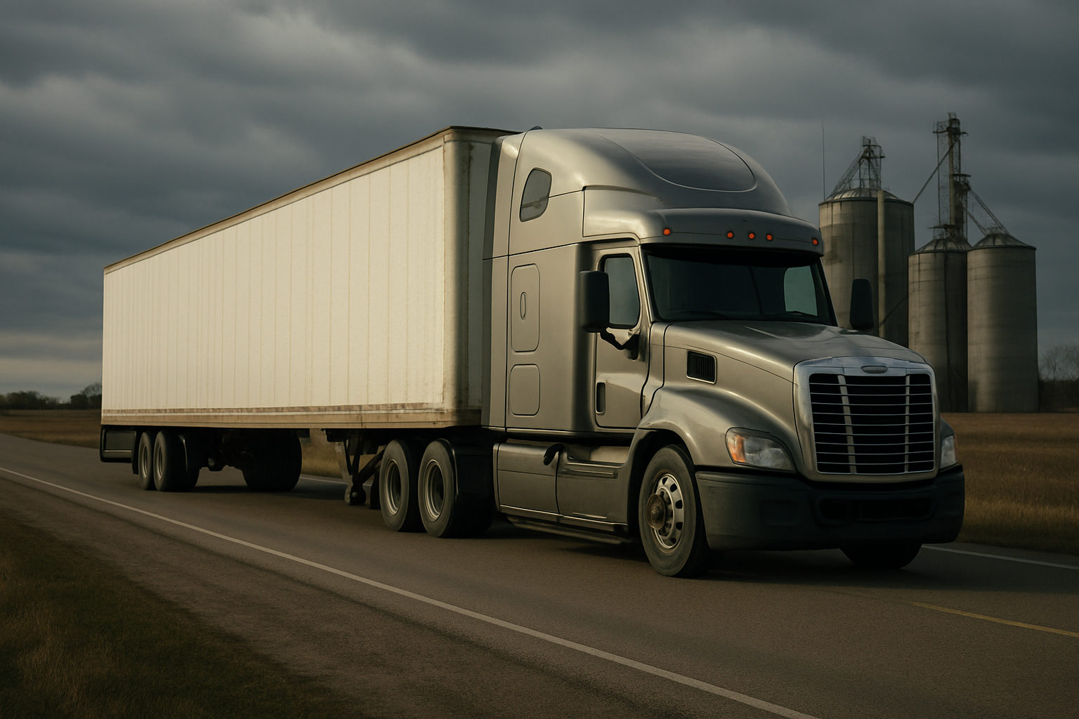 A conventional sleeper tractor coupled to a dry van trailer at a rural two lane highway with grain elevators behind