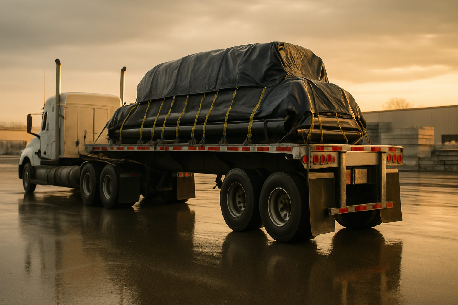A flatbed trailer carrying strapped and tarped freight behind a conventional tractor at a construction supply lot