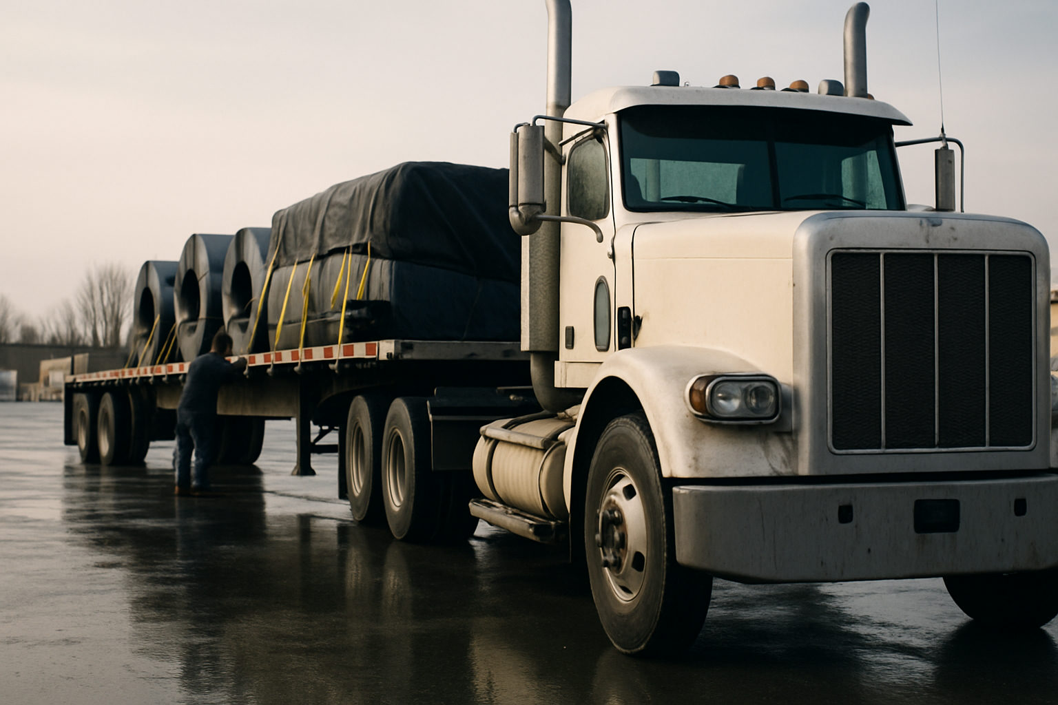 A flatbed trailer carrying strapped and tarped freight behind a conventional tractor at a construction supply lot