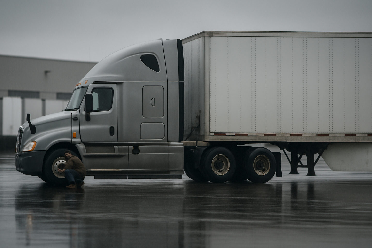 A conventional sleeper tractor coupled to a dry van trailer at a distribution center yard with trailers lined up in rows