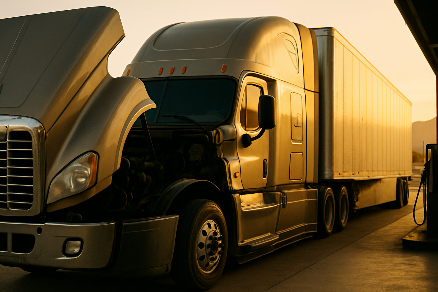 A conventional sleeper tractor coupled to a dry van trailer at a maintenance shop bay with the hood tilted forward