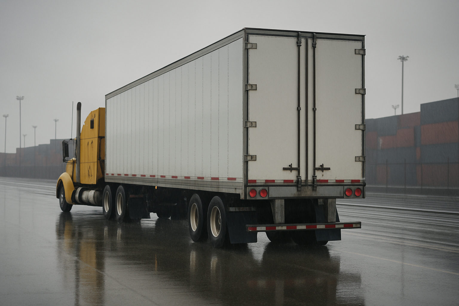 A conventional sleeper tractor coupled to a dry van trailer at a port container yard access road