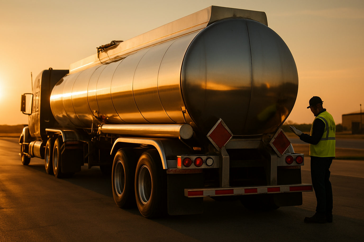 A polished stainless steel tanker trailer with placards on the rear, behind a tractor at a bulk terminal