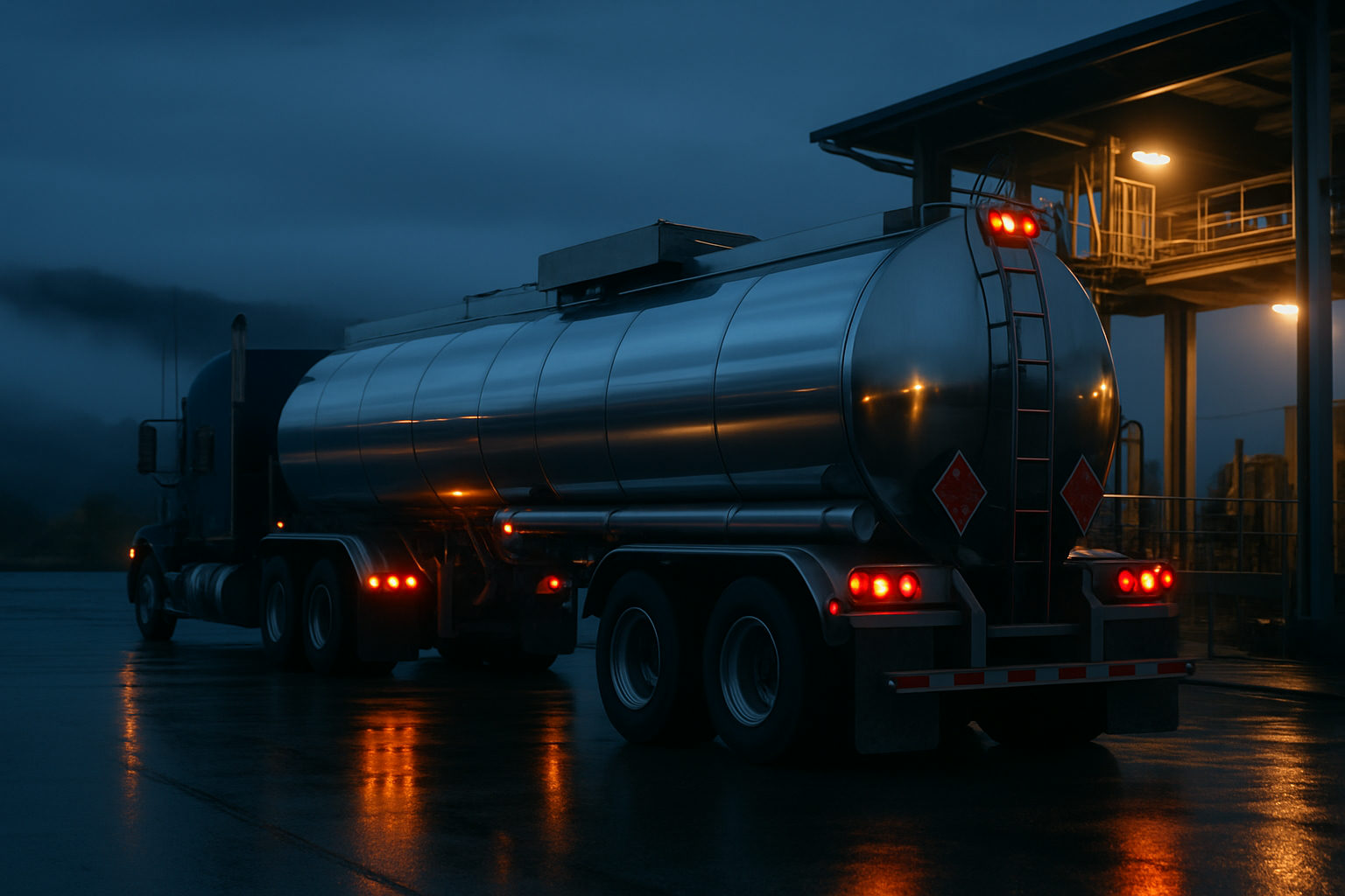 A polished stainless steel tanker trailer with placards on the rear, behind a tractor at an industrial loading rack