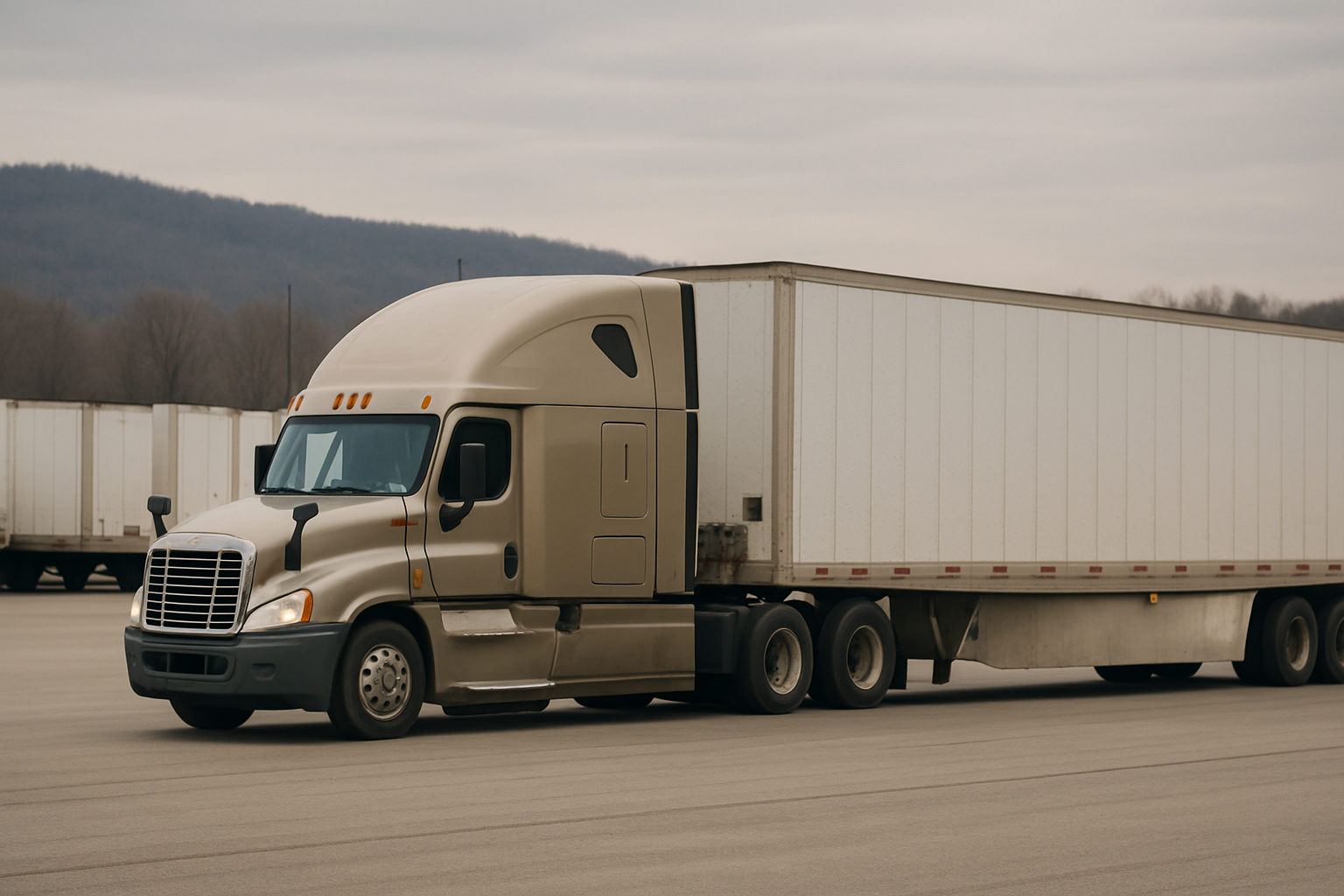 A conventional sleeper tractor coupled to a dry van trailer at a distribution center yard with trailers lined up in rows