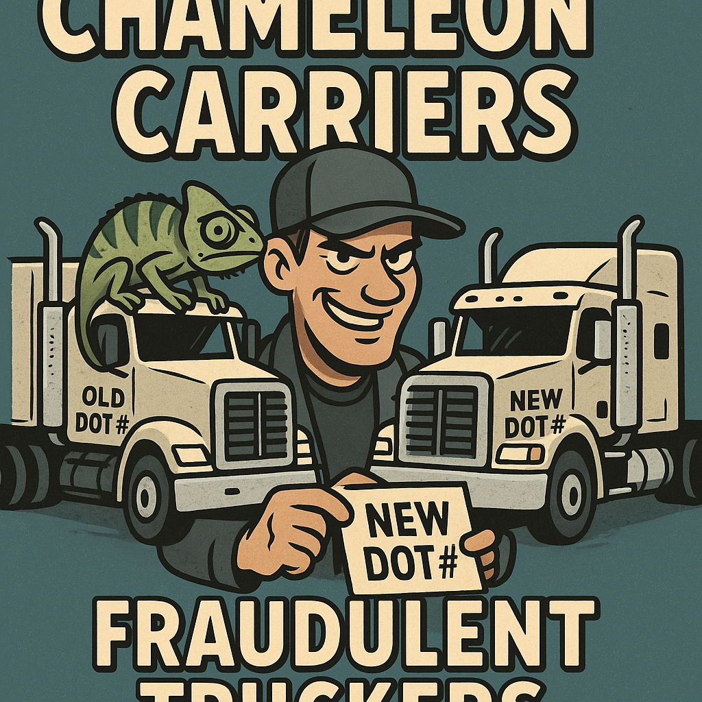 A malicious animated trucker holding a new DOT registration certificate. A chameleon carrier.