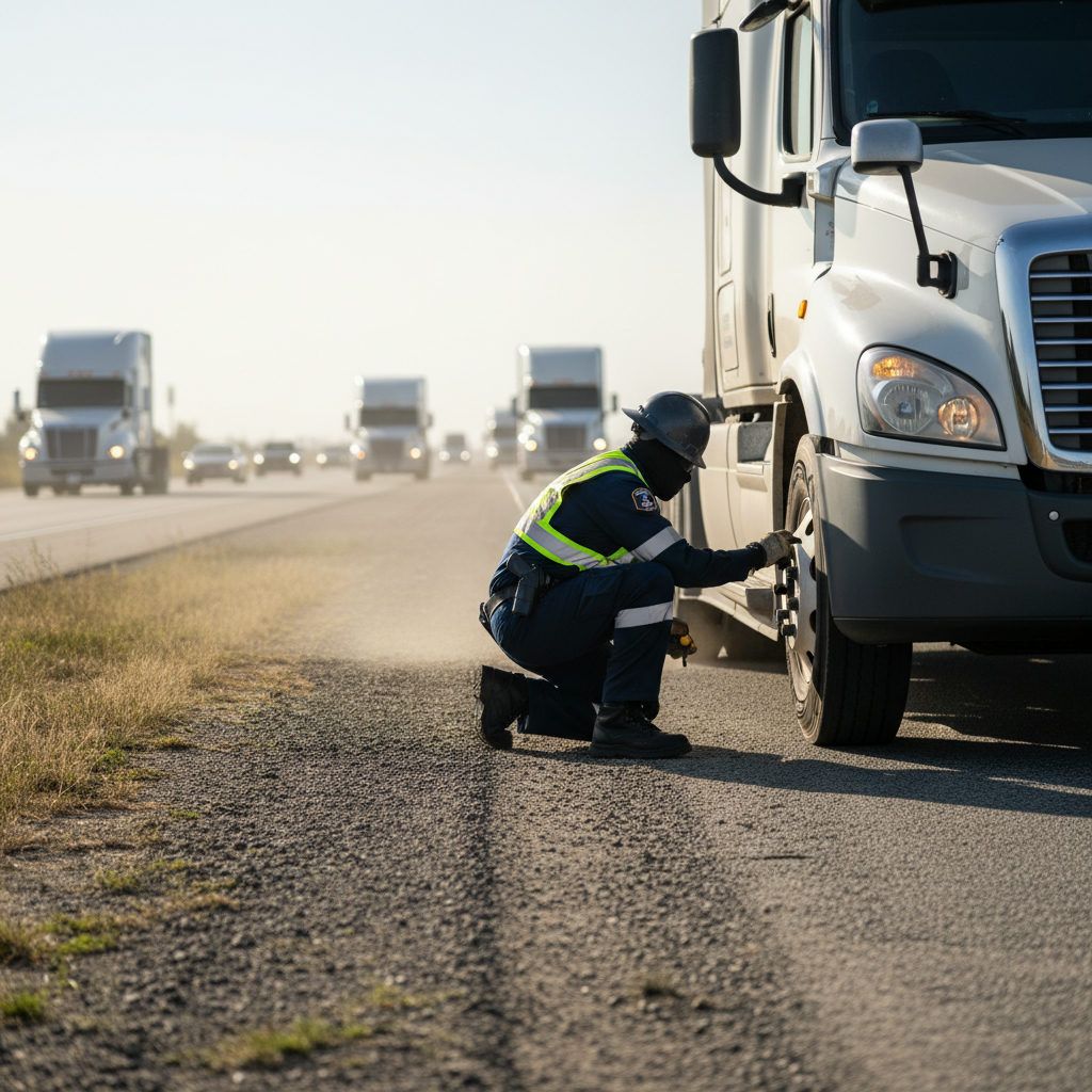 DOT inspector checking a semi truck's brakes during a roadside inspection