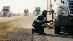 DOT inspector checking a semi truck's brakes during a roadside inspection