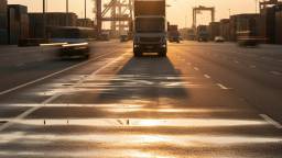 Semi truck hauling a container near a port terminal at sunset