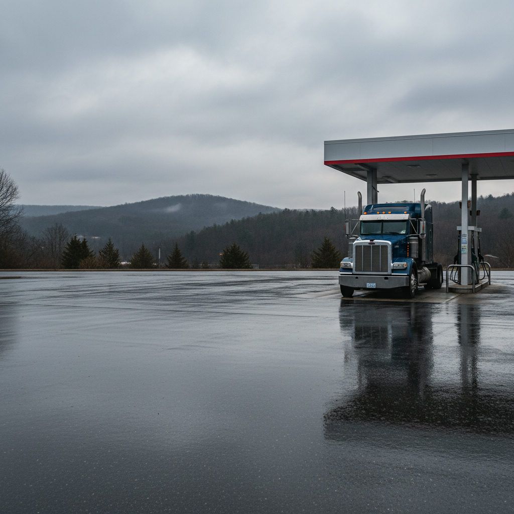 Semi truck parked at a fuel island in a hilly Pennsylvania landscape under overcast sky