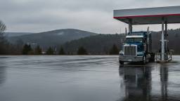 Semi truck parked at a fuel island in a hilly Pennsylvania landscape under overcast sky