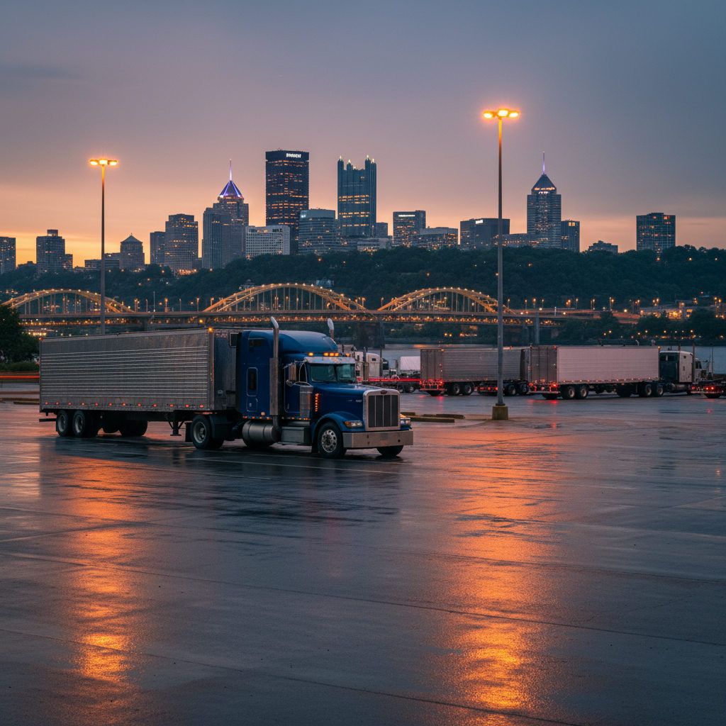 Semi truck at a Pittsburgh area truck stop with city bridges in the background at dusk
