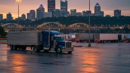 Semi truck at a Pittsburgh area truck stop with city bridges in the background at dusk