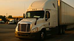 Semi truck parked at a truck stop with paperwork visible on the dashboard at golden hour