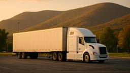 Semi truck parked at a Pennsylvania rest stop at sunset with mountain backdrop