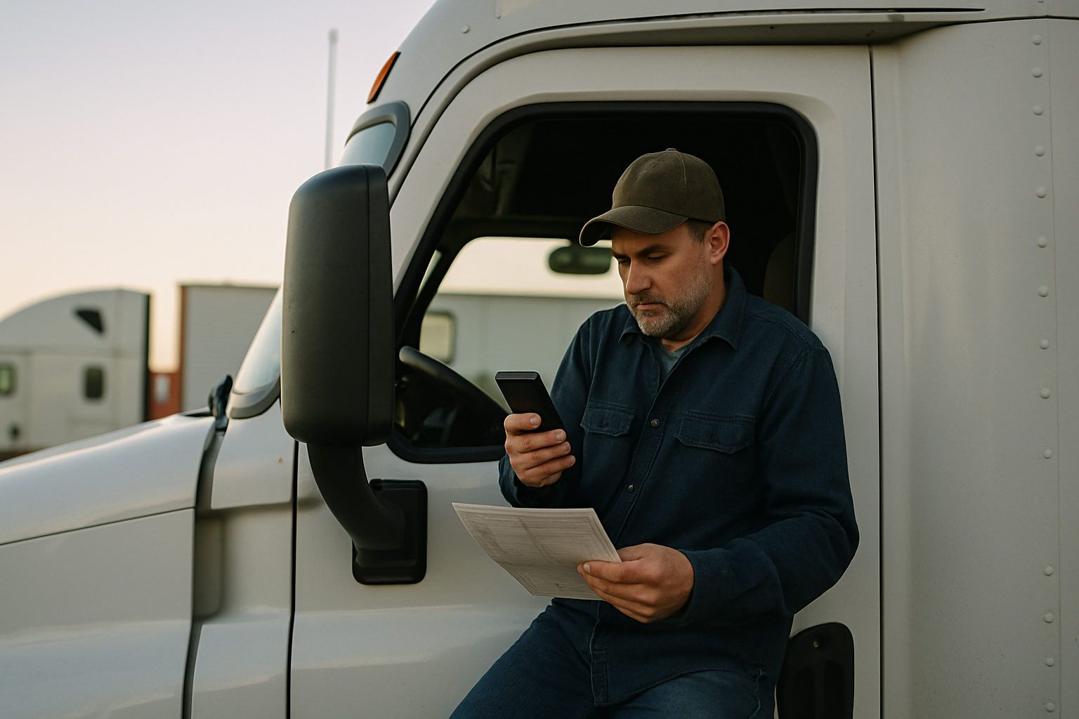 Owner-operator checking his FMCSA biennial update on a smartphone in the cab of his truck