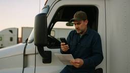 Owner-operator checking his FMCSA biennial update on a smartphone in the cab of his truck