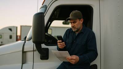 Owner-operator checking his FMCSA biennial update on a smartphone in the cab of his truck