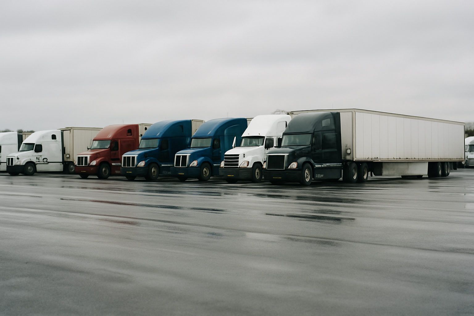 Line of parked semi trucks at a quiet truck stop while FMCSA holds off on USDOT deactivations
