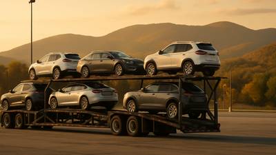 Multi-car auto hauler trailer loaded with vehicles at a Pennsylvania truck stop at sunset