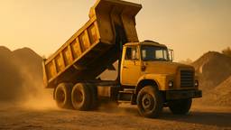 Tandem axle dump truck parked at a construction site during golden hour