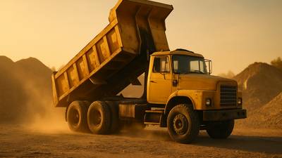 Tandem axle dump truck parked at a construction site during golden hour