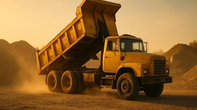 Tandem axle dump truck parked at a construction site during golden hour