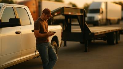 Hot shot truck and gooseneck trailer parked at a truck stop during golden hour