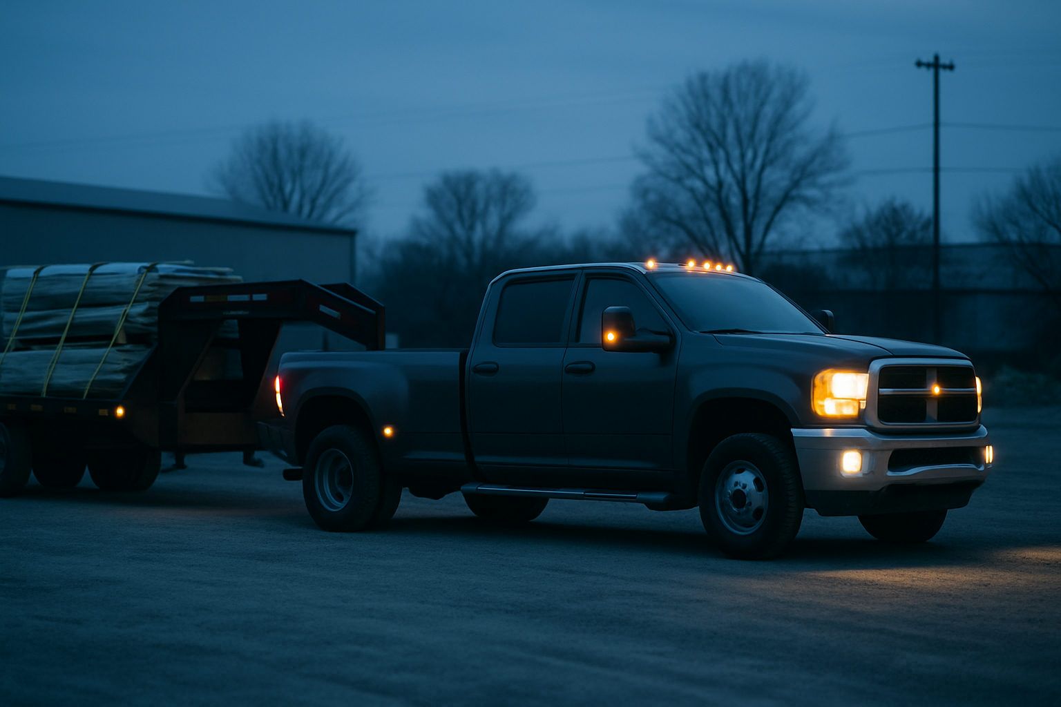 A one ton dually pickup truck hitched to a loaded gooseneck flatbed trailer at a gravel staging yard