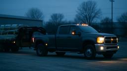 A one ton dually pickup truck hitched to a loaded gooseneck flatbed trailer at a gravel staging yard