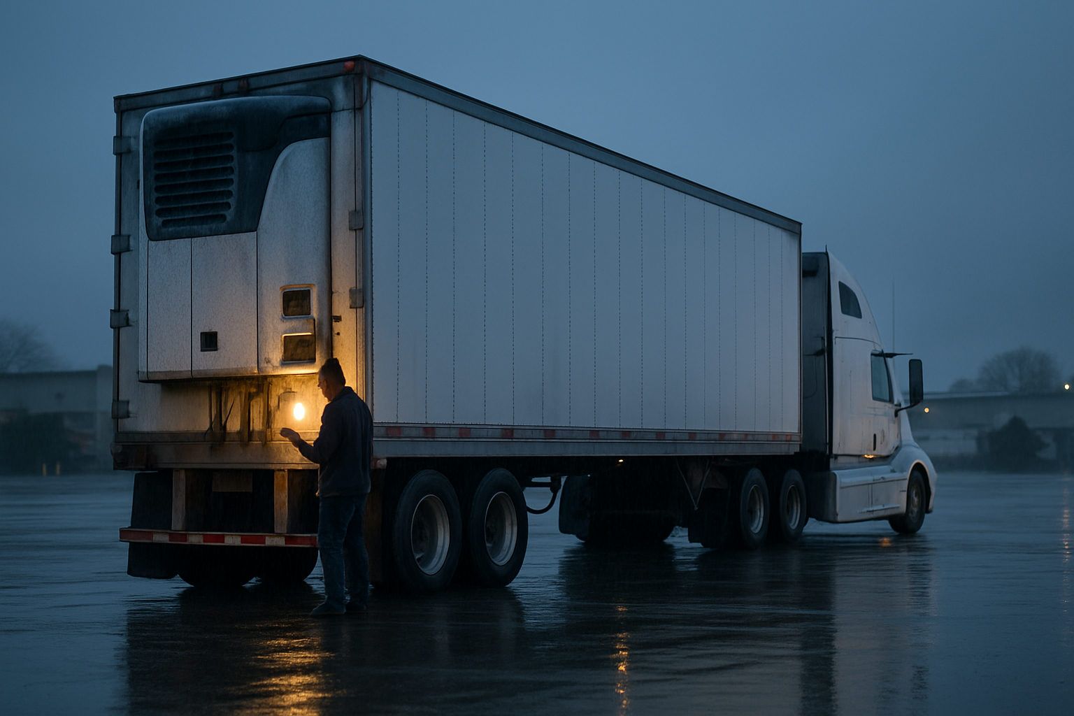 A refrigerated trailer with its reefer unit running, coupled to a day cab tractor at a produce distribution yard