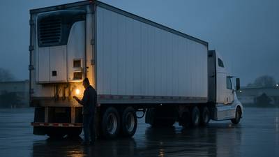 A refrigerated trailer with its reefer unit running, coupled to a day cab tractor at a produce distribution yard