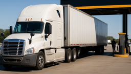 A conventional sleeper tractor coupled to a dry van trailer at a fuel island at a highway truck stop