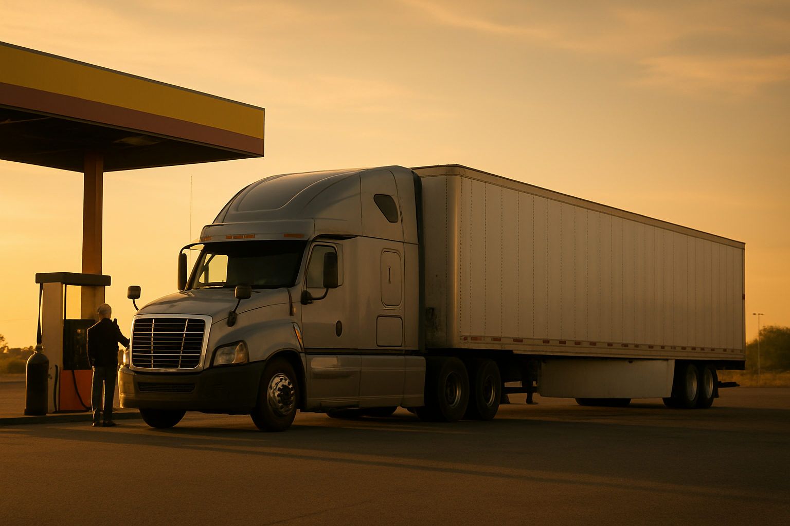 A conventional sleeper tractor coupled to a dry van trailer at a fuel island at a highway truck stop