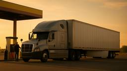 A conventional sleeper tractor coupled to a dry van trailer at a fuel island at a highway truck stop