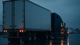 A conventional sleeper tractor coupled to a dry van trailer at a rain wet carrier yard early in the morning