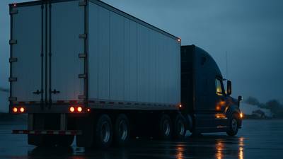 A conventional sleeper tractor coupled to a dry van trailer at a rain wet carrier yard early in the morning