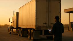 A conventional sleeper tractor coupled to a dry van trailer at a port container yard access road