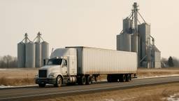 A conventional sleeper tractor coupled to a dry van trailer at a rural two lane highway with grain elevators behind
