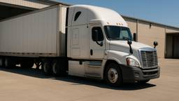 A conventional sleeper tractor coupled to a dry van trailer at a warehouse loading dock with the trailer backed in