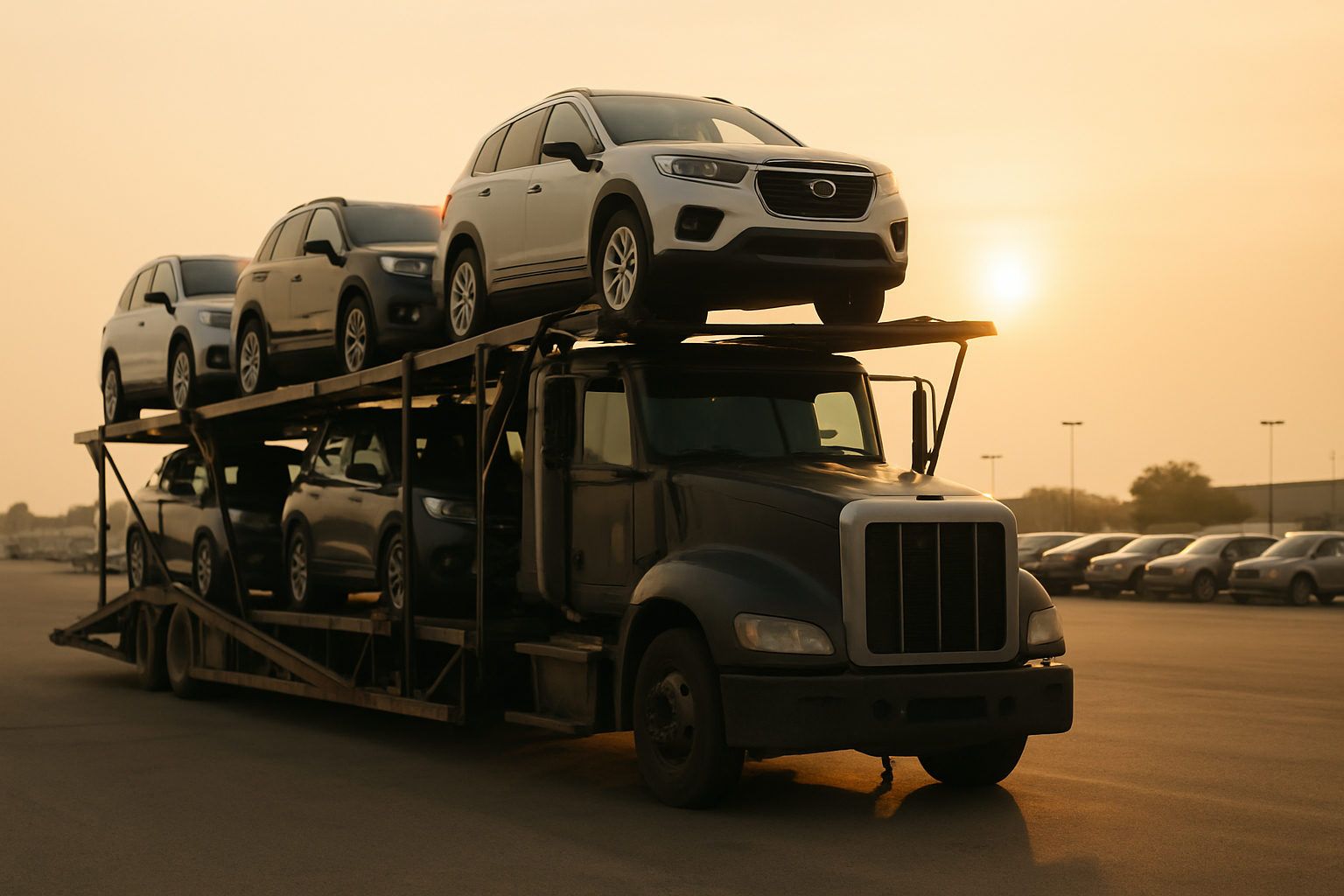 A multi car auto hauler trailer loaded with vehicles on both decks at a dealership delivery yard